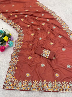 Graceful Brown Georgette Silk Saree with Premium Embroidered Work & Blouse - Image 2