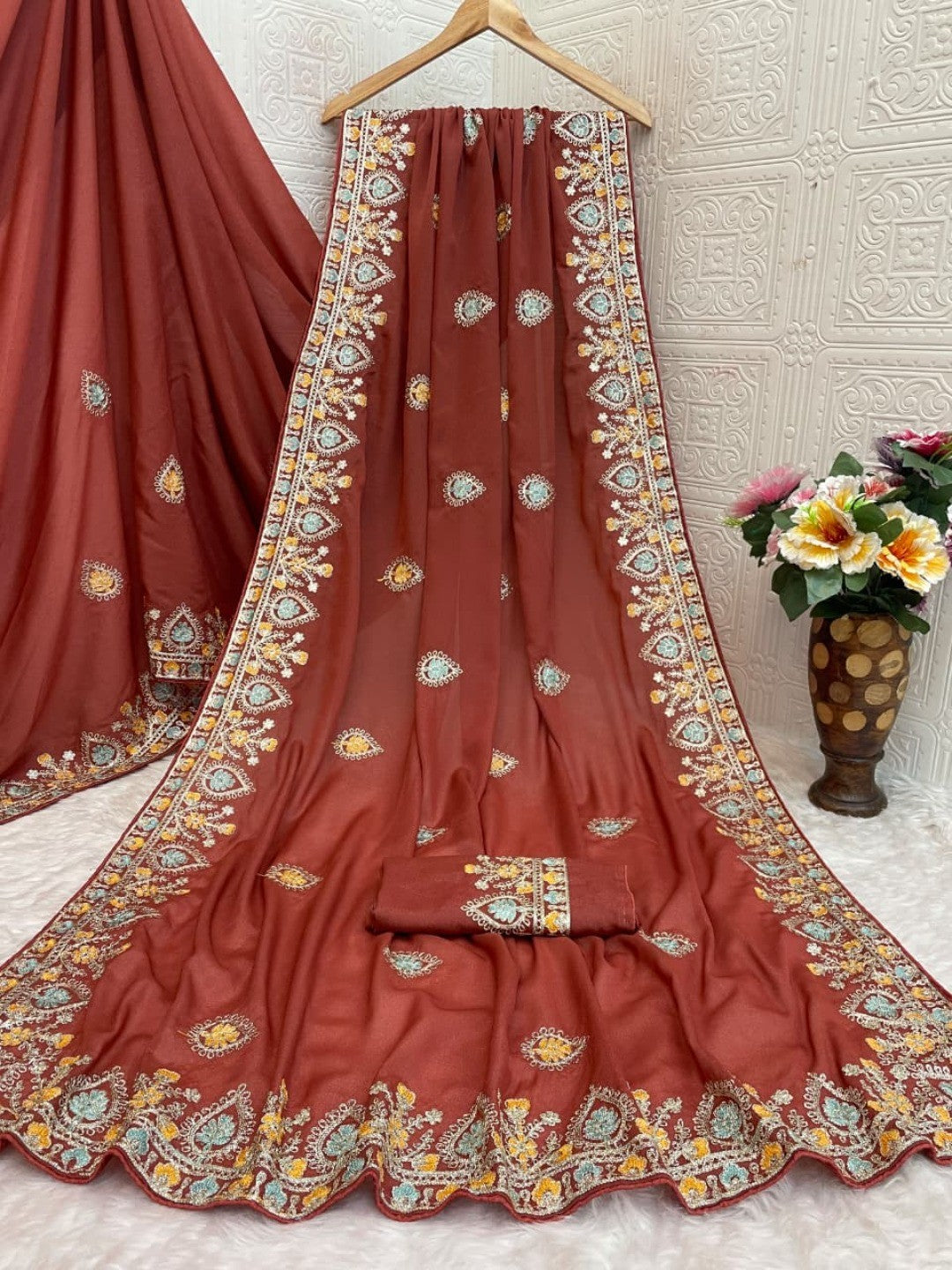 Graceful Brown Georgette Silk Saree with Premium Embroidered Work & Blouse - Image 3