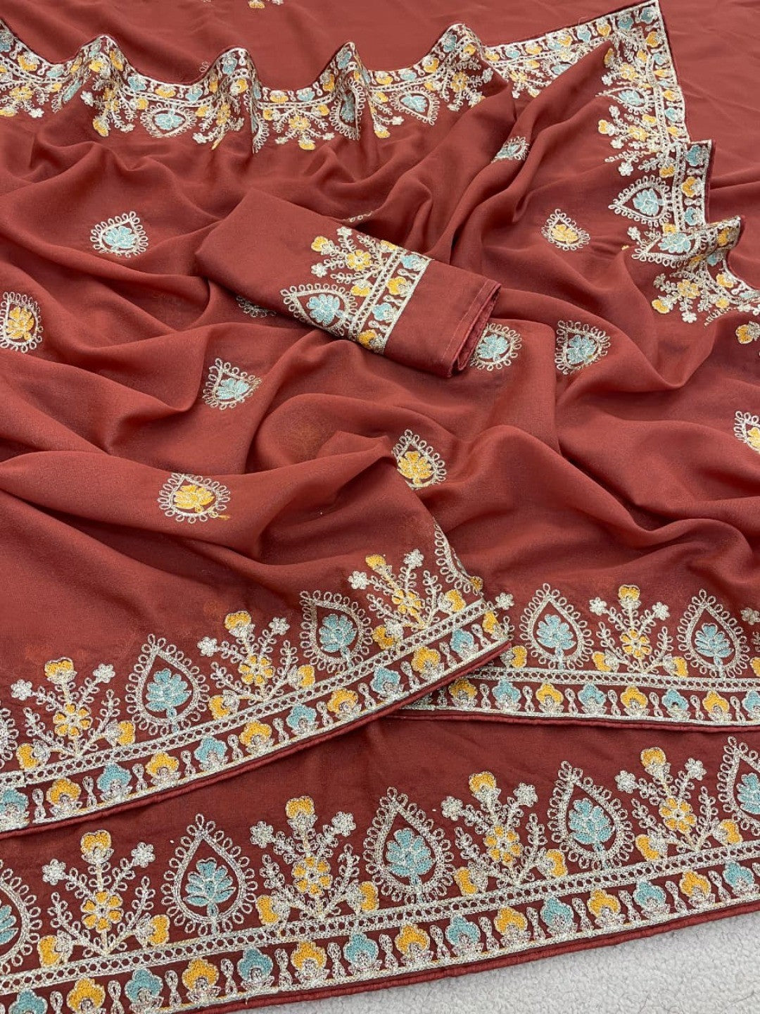 Graceful Brown Georgette Silk Saree with Premium Embroidered Work & Blouse - Image 2