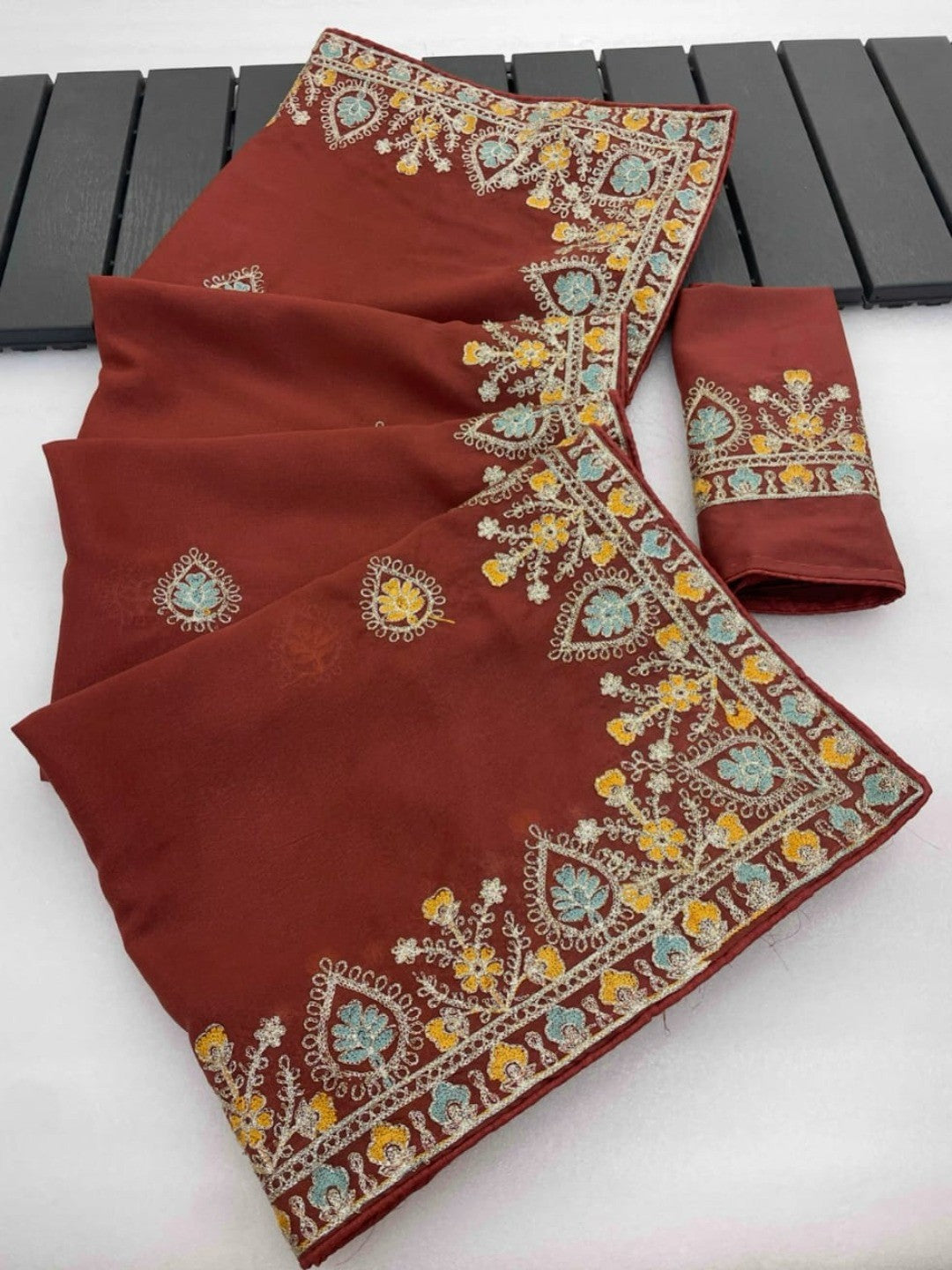 Graceful Brown Georgette Silk Saree with Premium Embroidered Work & Blouse - Image 5