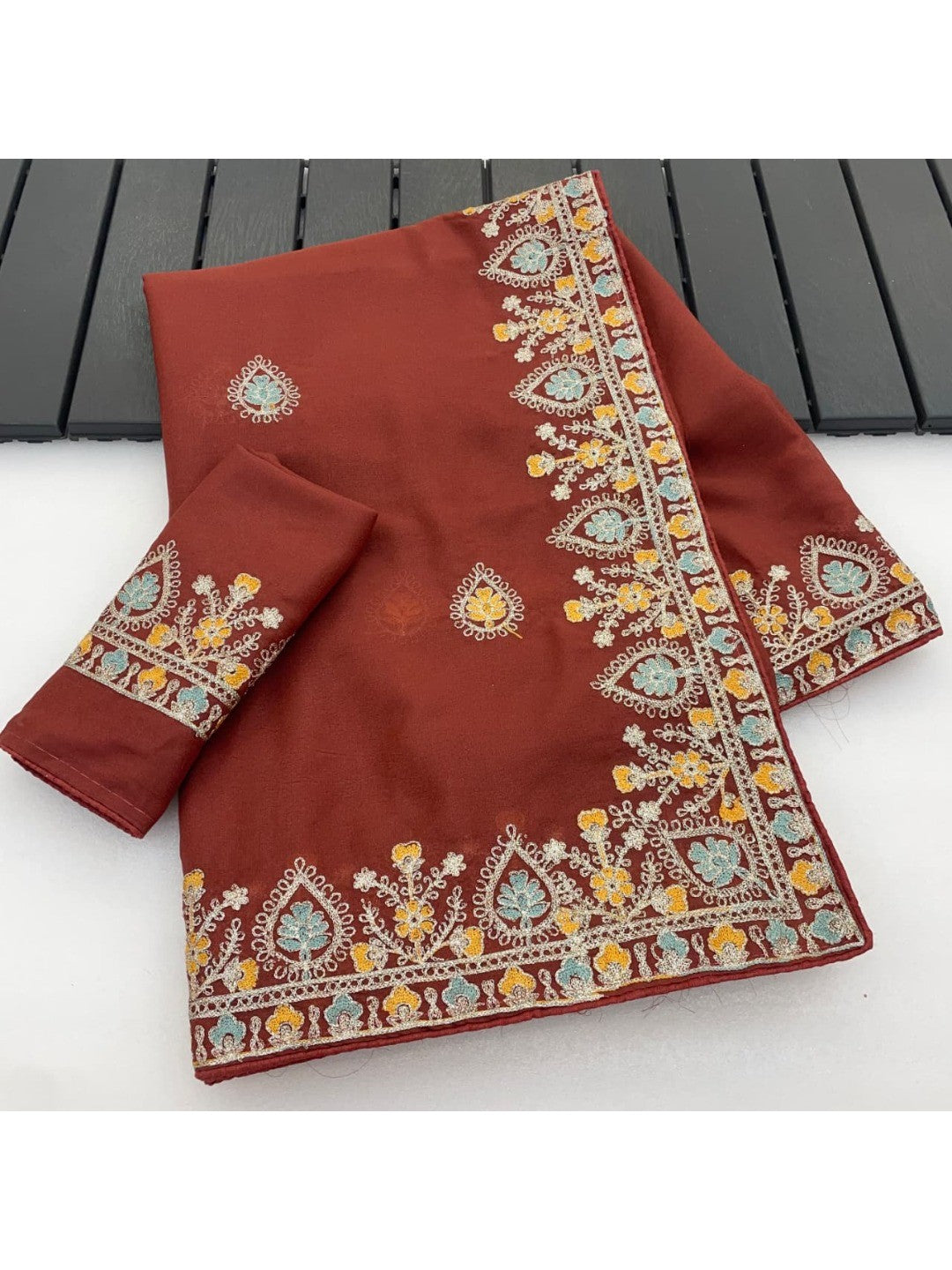 Graceful Brown Georgette Silk Saree with Premium Embroidered Work & Blouse - Image 9