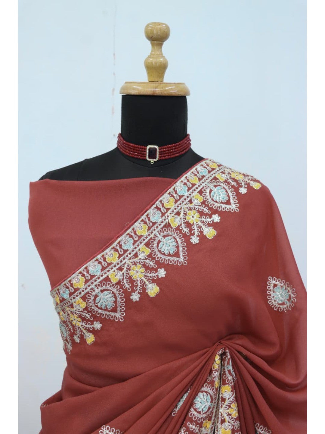 Graceful Brown Georgette Silk Saree with Premium Embroidered Work & Blouse - Image 7