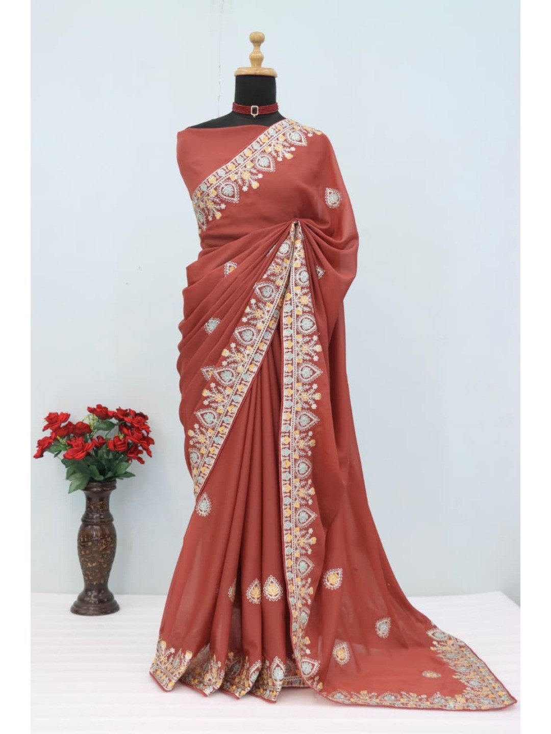 Graceful Brown Georgette Silk Saree with Premium Embroidered Work & Blouse - Image 8