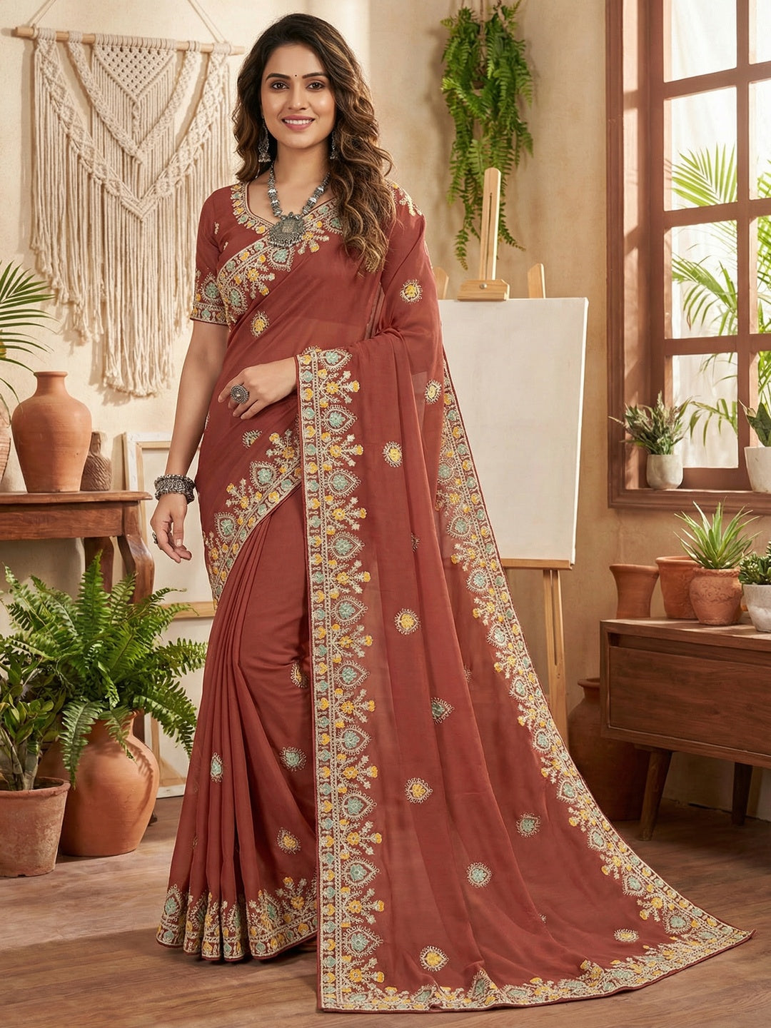 Graceful Brown Georgette Silk Saree with Premium Embroidered Work & Blouse - Image 1