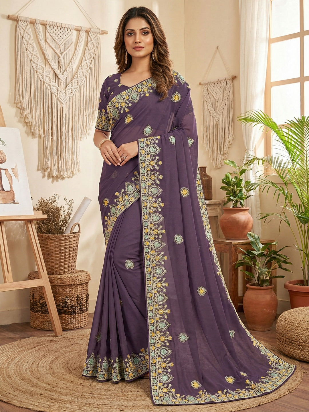 Graceful Purple Georgette Silk Saree with Premium Embroidered Work & Blouse - Image 1