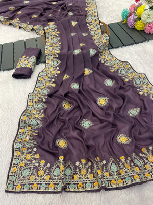 Graceful Purple Georgette Silk Saree with Premium Embroidered Work & Blouse - Image 2