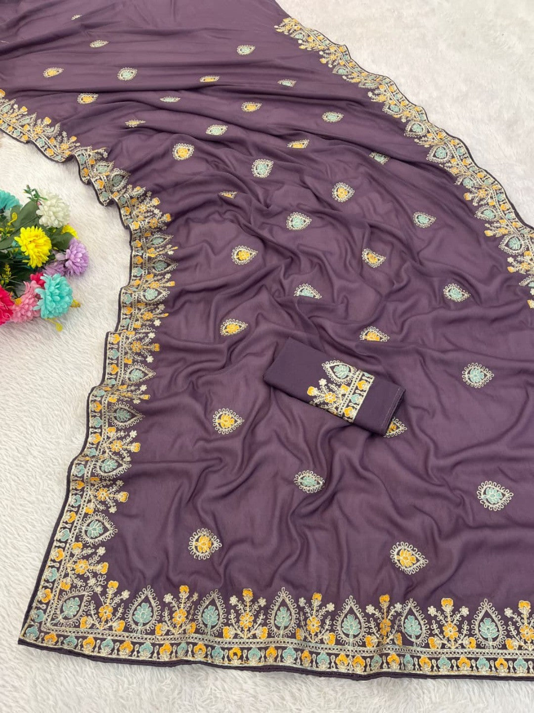Graceful Purple Georgette Silk Saree with Premium Embroidered Work & Blouse - Image 4
