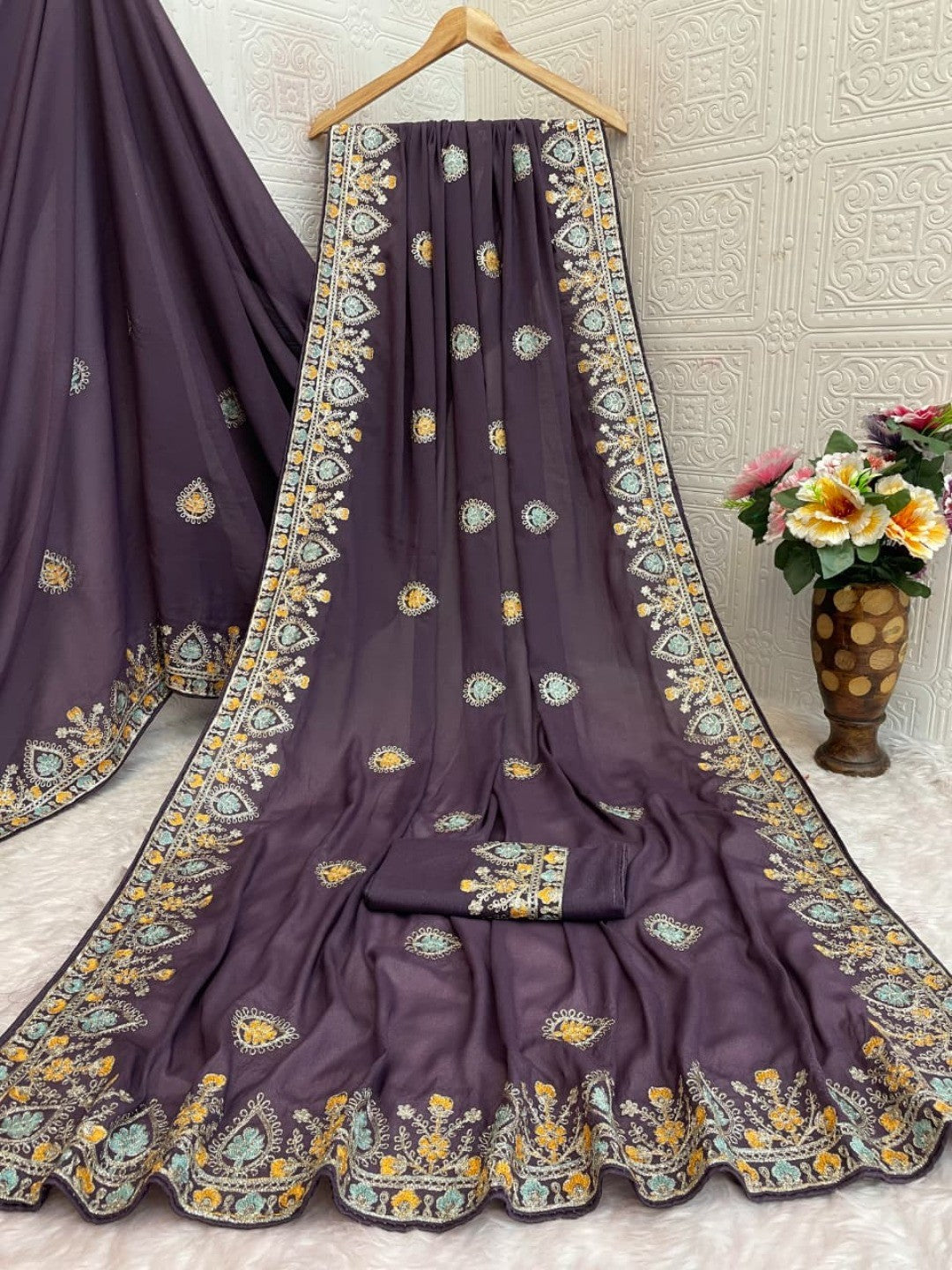 Graceful Purple Georgette Silk Saree with Premium Embroidered Work & Blouse - Image 3