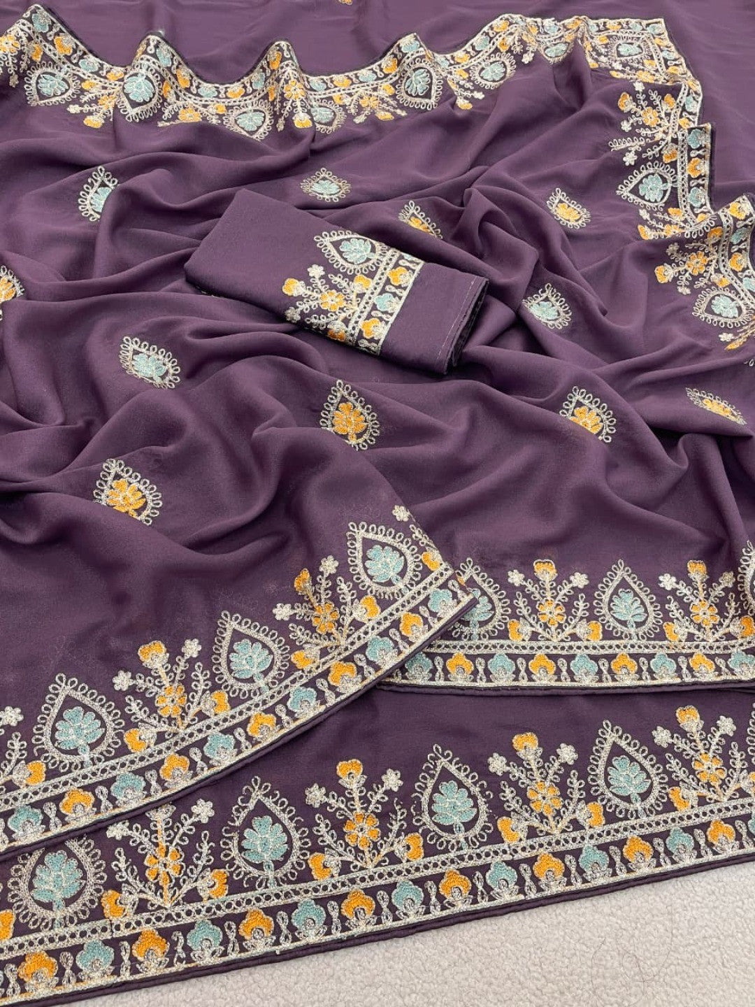Graceful Purple Georgette Silk Saree with Premium Embroidered Work & Blouse - Image 9