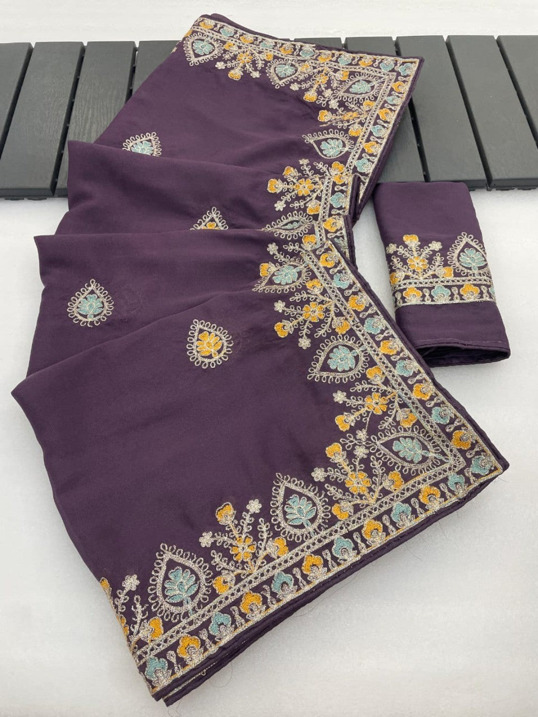 Graceful Purple Georgette Silk Saree with Premium Embroidered Work & Blouse - Image 8