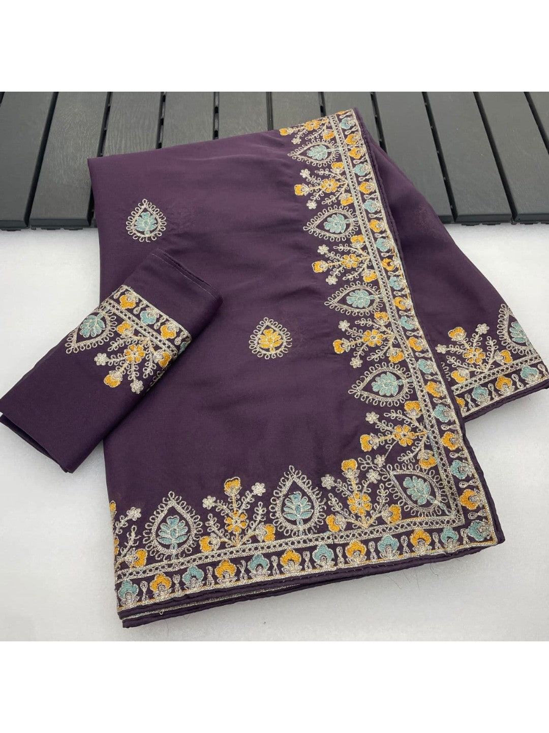 Graceful Purple Georgette Silk Saree with Premium Embroidered Work & Blouse - Image 2