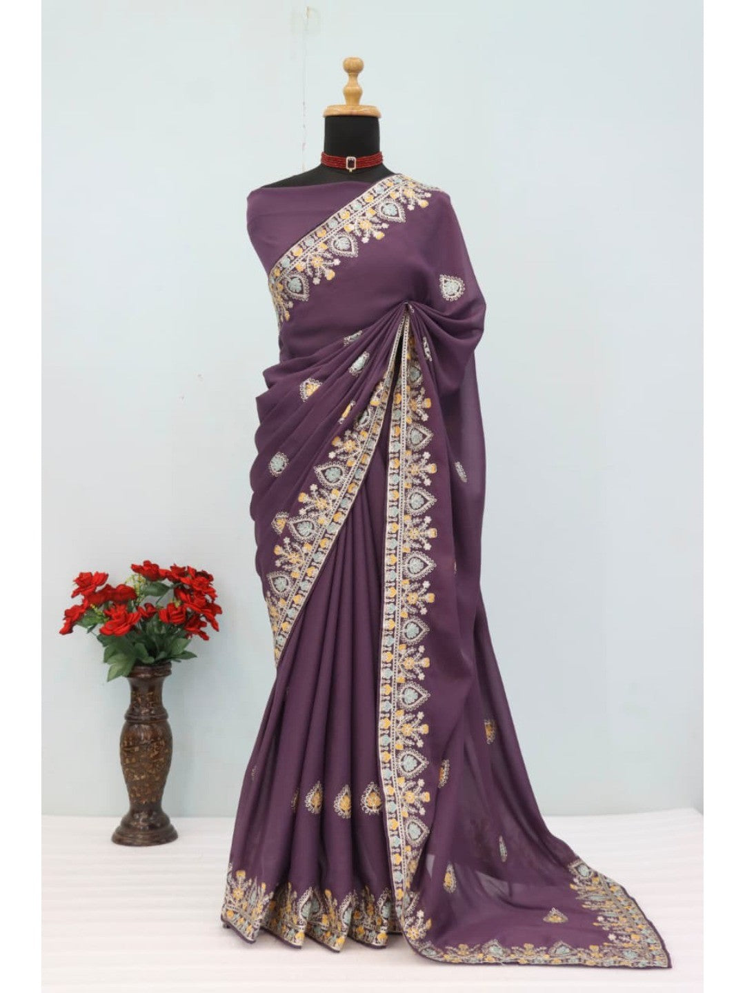 Graceful Purple Georgette Silk Saree with Premium Embroidered Work & Blouse - Image 7