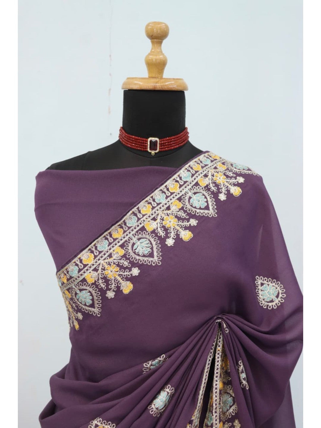 Graceful Purple Georgette Silk Saree with Premium Embroidered Work & Blouse - Image 9