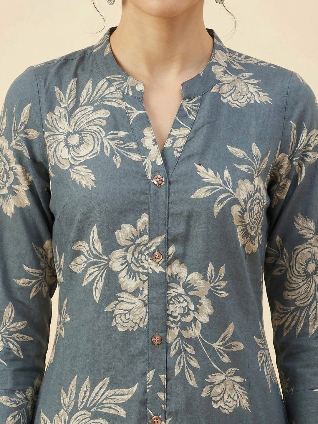 Grey Floral Printed Viscose A-Line Casual Dress with Comfortable Fit - Image 2