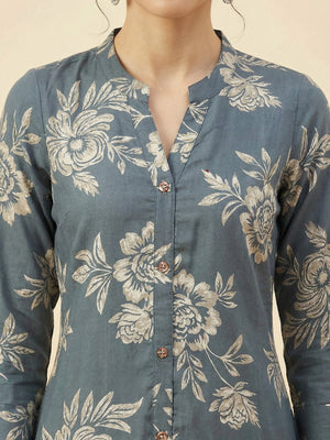 Grey Floral Printed Viscose A-Line Casual Dress with Comfortable Fit - Image 2