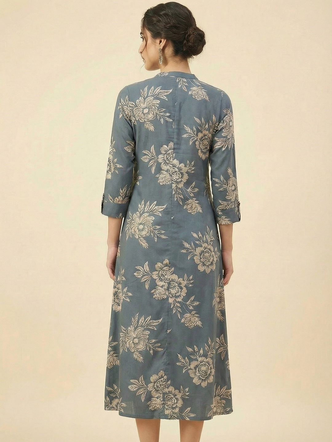 Grey Floral Printed Viscose A-Line Casual Dress with Comfortable Fit - Image 5