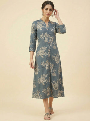 Grey Floral Printed Viscose A-Line Casual Dress with Comfortable Fit - Image 1