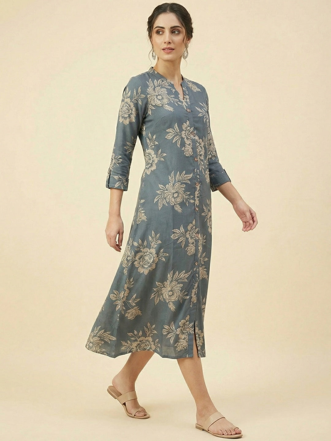Grey Floral Printed Viscose A-Line Casual Dress with Comfortable Fit - Image 3