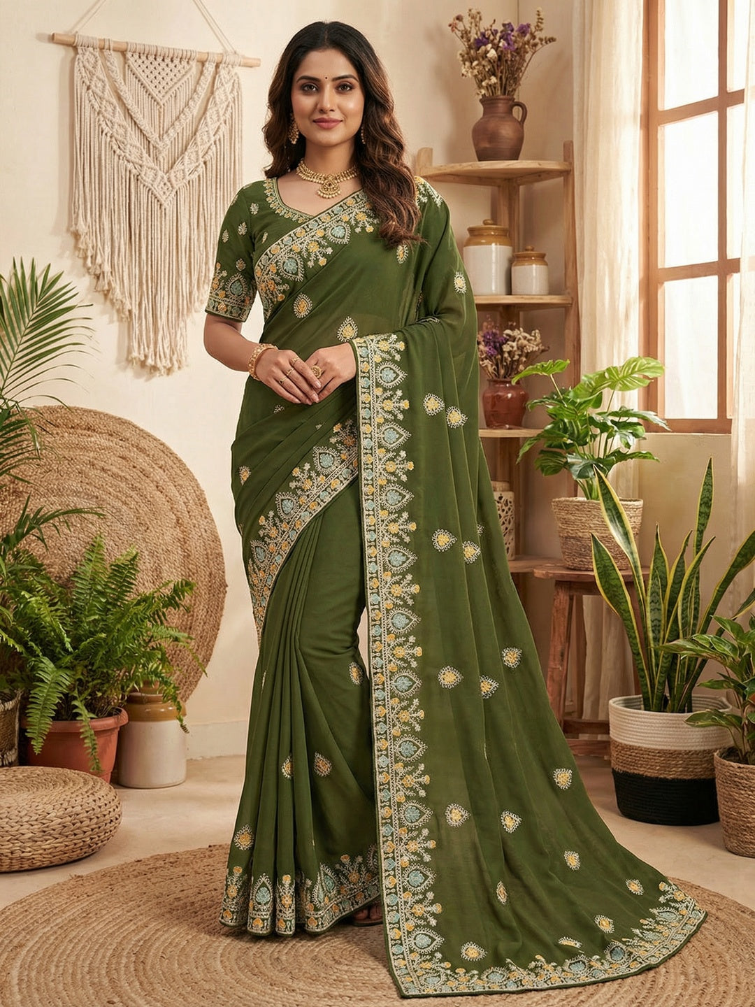 Graceful Mehendi Green Georgette Silk Saree with Premium Embroidered Work & Blouse - Image 1