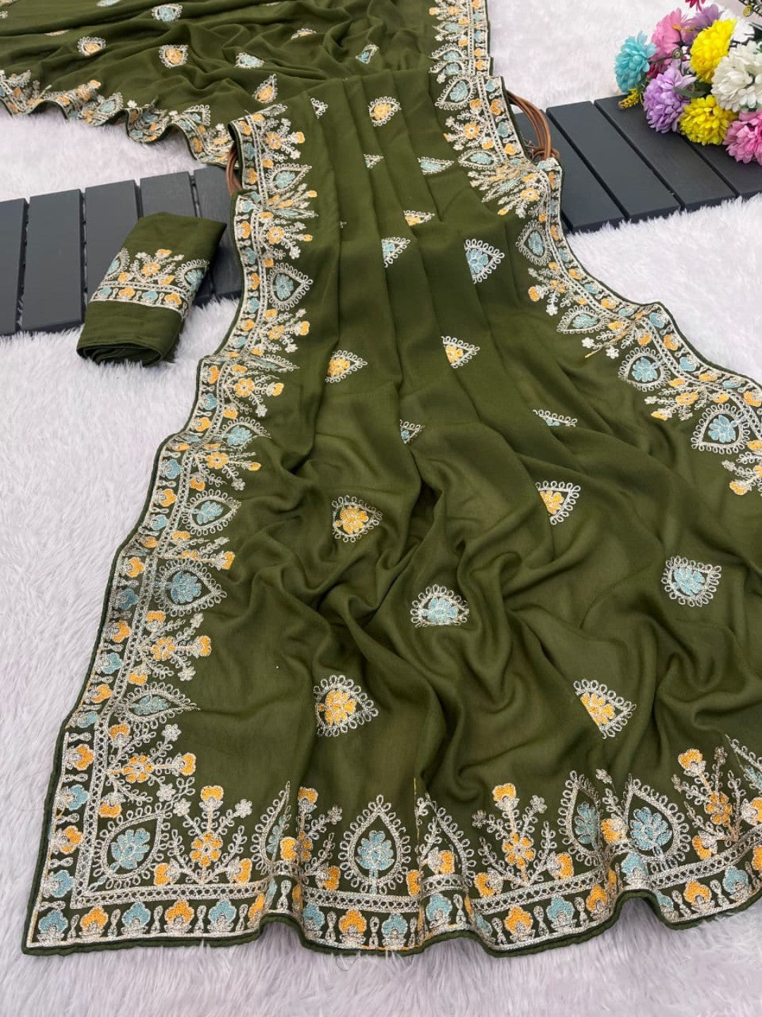 Graceful Mehendi Green Georgette Silk Saree with Premium Embroidered Work & Blouse - Image 7