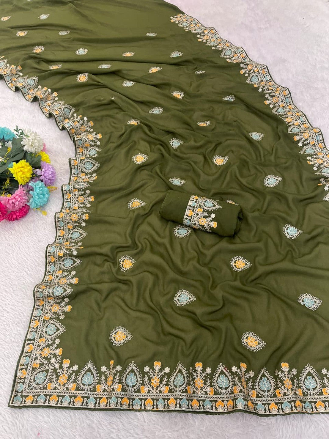 Graceful Mehendi Green Georgette Silk Saree with Premium Embroidered Work & Blouse - Image 6