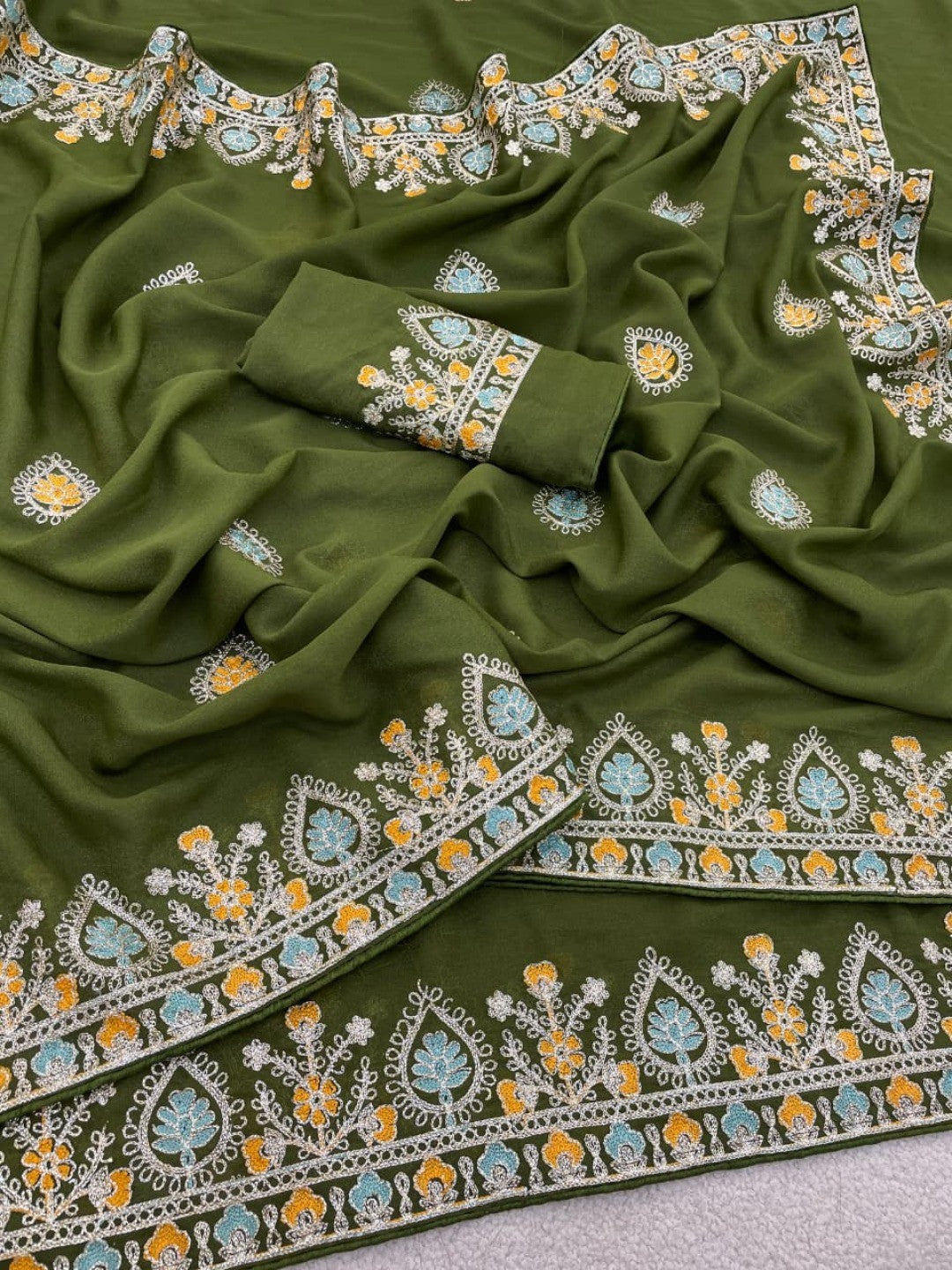 Graceful Mehendi Green Georgette Silk Saree with Premium Embroidered Work & Blouse - Image 4