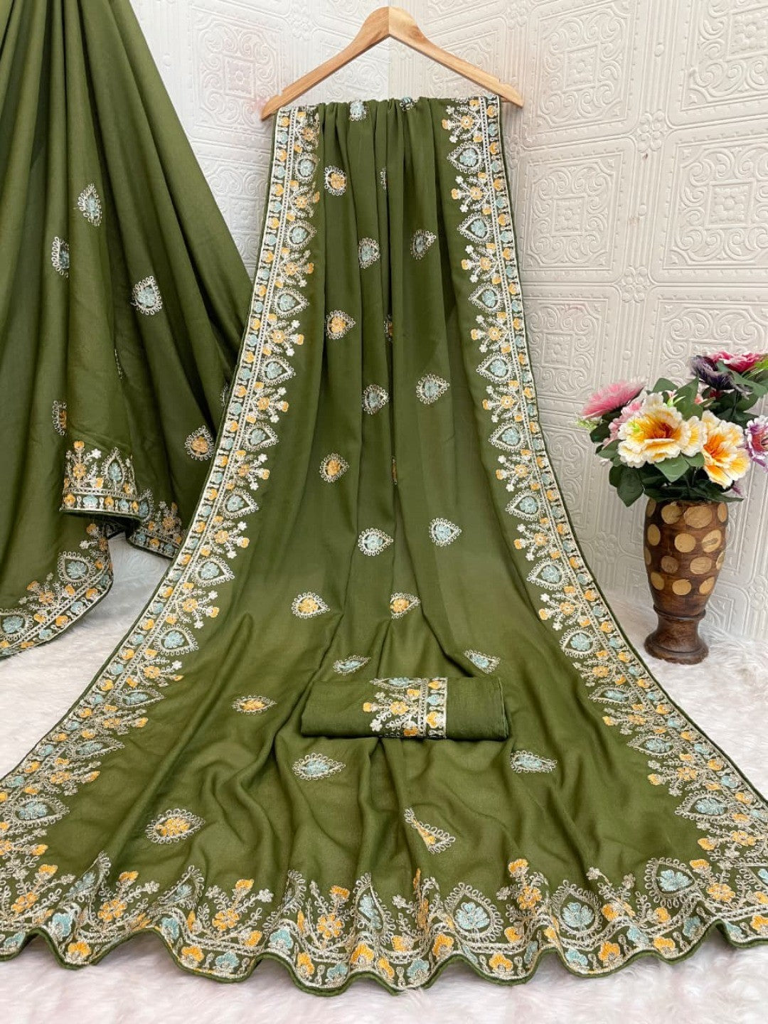 Graceful Mehendi Green Georgette Silk Saree with Premium Embroidered Work & Blouse - Image 3