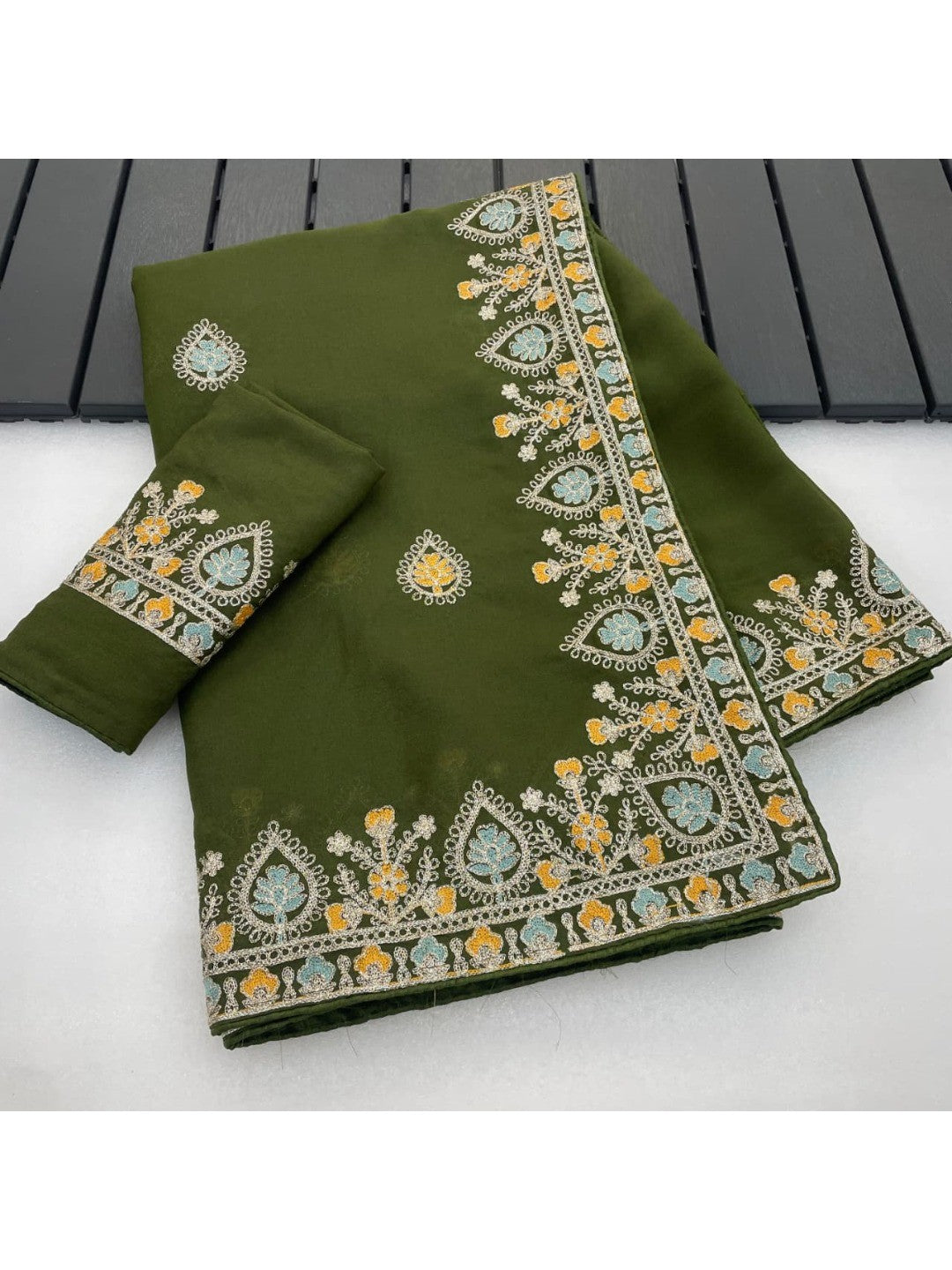 Graceful Mehendi Green Georgette Silk Saree with Premium Embroidered Work & Blouse - Image 9