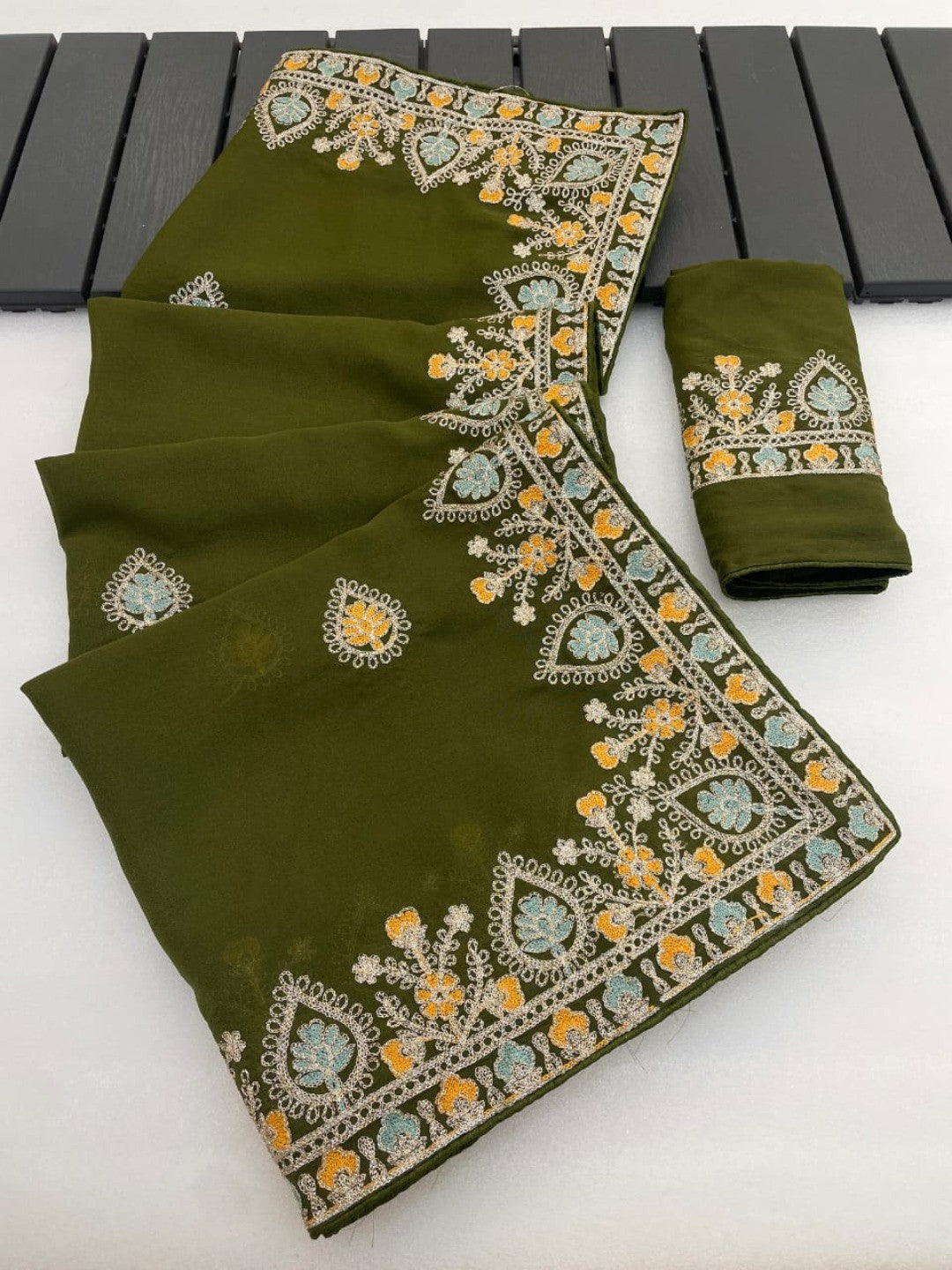 Graceful Mehendi Green Georgette Silk Saree with Premium Embroidered Work & Blouse - Image 5