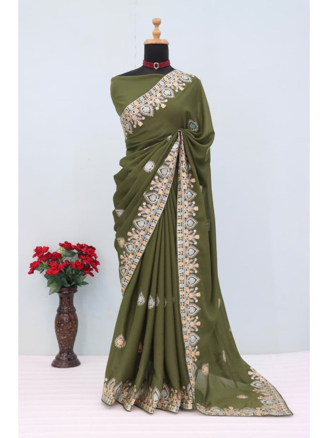 Graceful Mehendi Green Georgette Silk Saree with Premium Embroidered Work & Blouse - Image 8