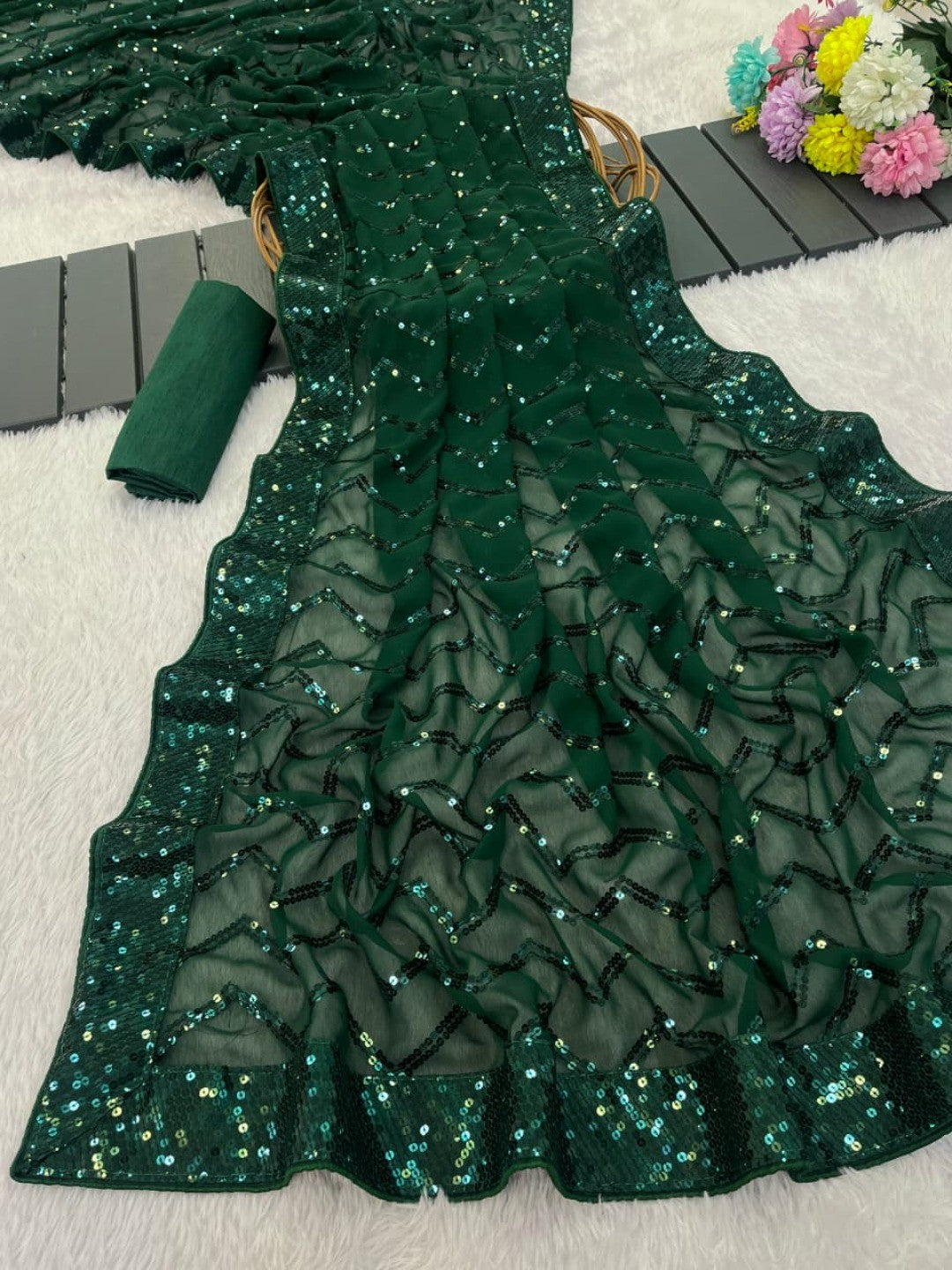 Elegant Bottle Green Georgette Silk Saree with Sequin Embellishments - Image 2