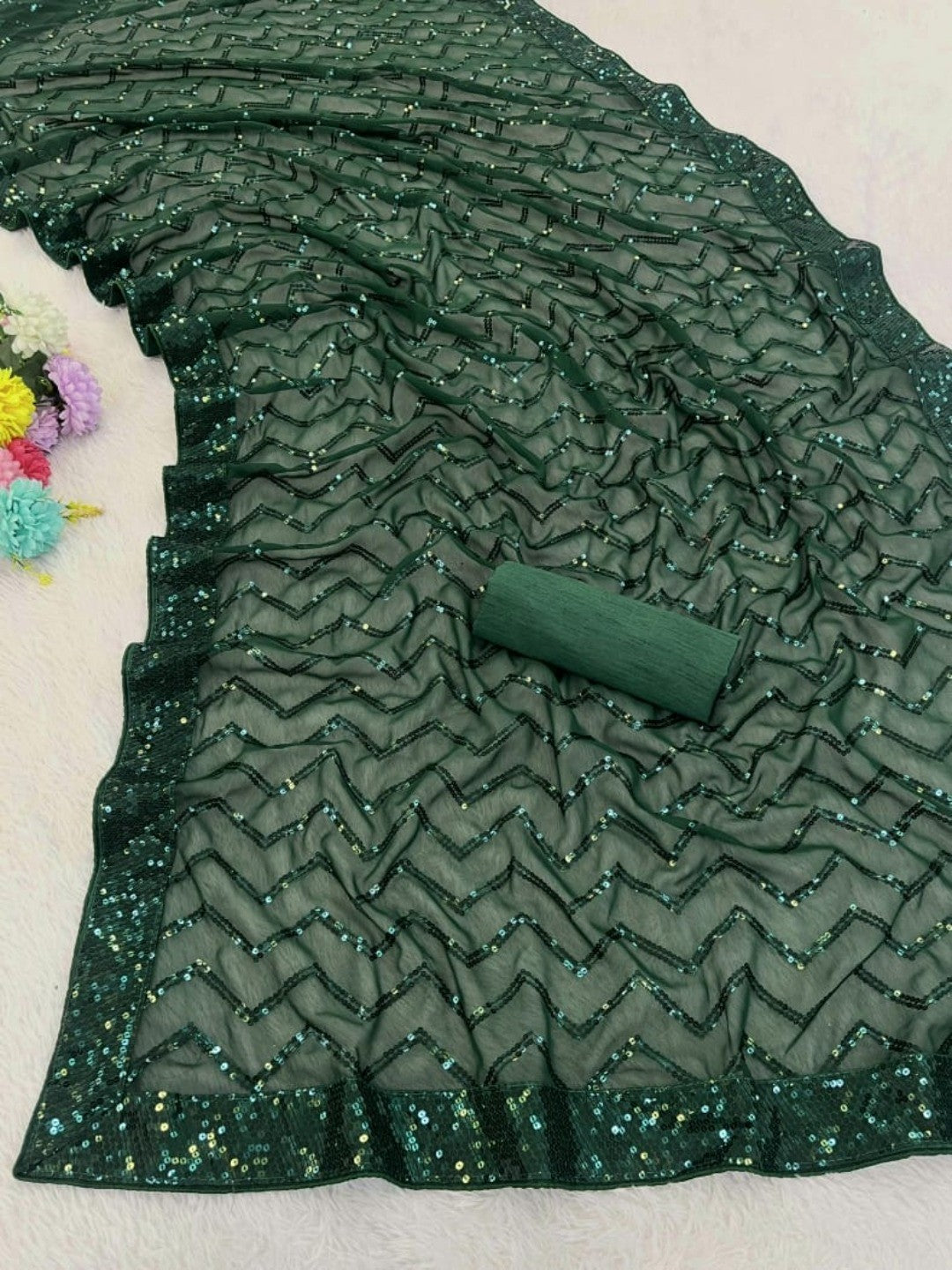 Elegant Bottle Green Georgette Silk Saree with Sequin Embellishments - Image 4
