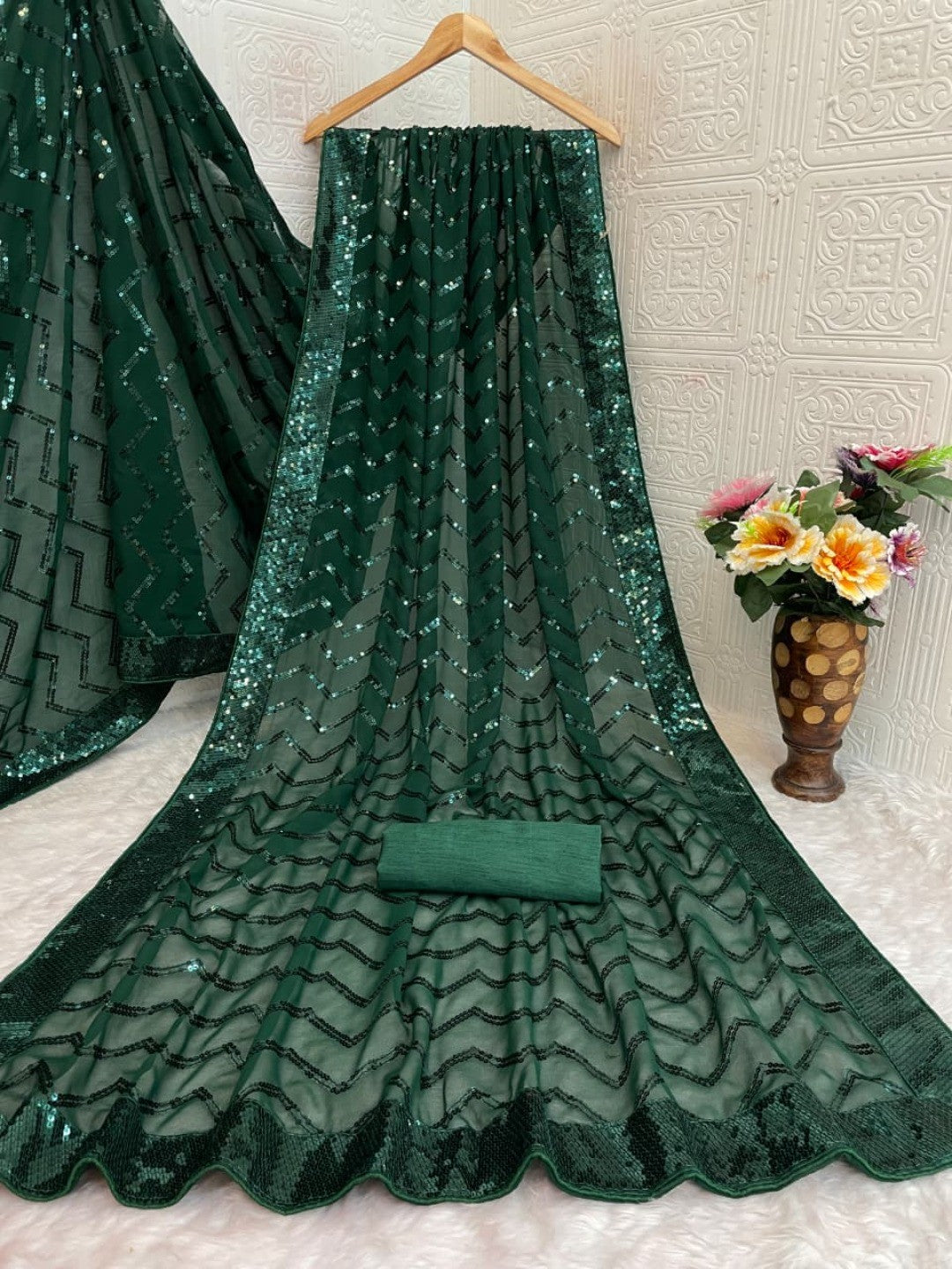 Elegant Bottle Green Georgette Silk Saree with Sequin Embellishments - Image 9