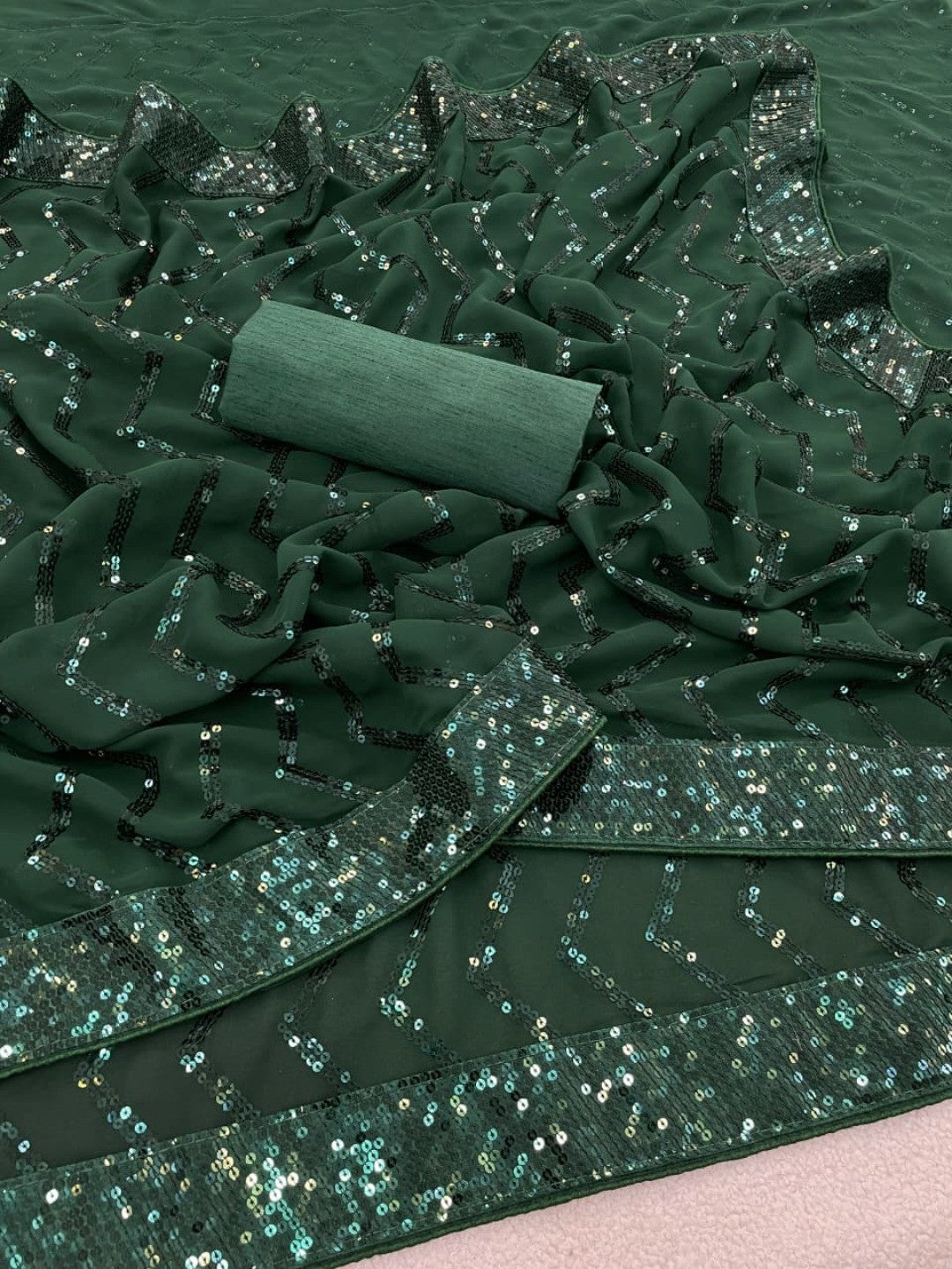 Elegant Bottle Green Georgette Silk Saree with Sequin Embellishments - Image 3
