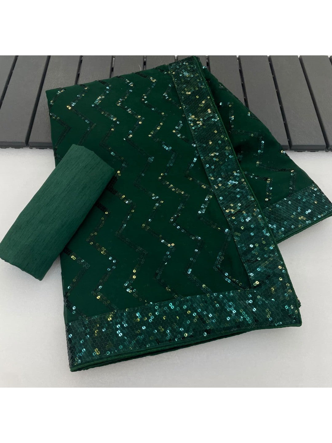 Elegant Bottle Green Georgette Silk Saree with Sequin Embellishments - Image 8