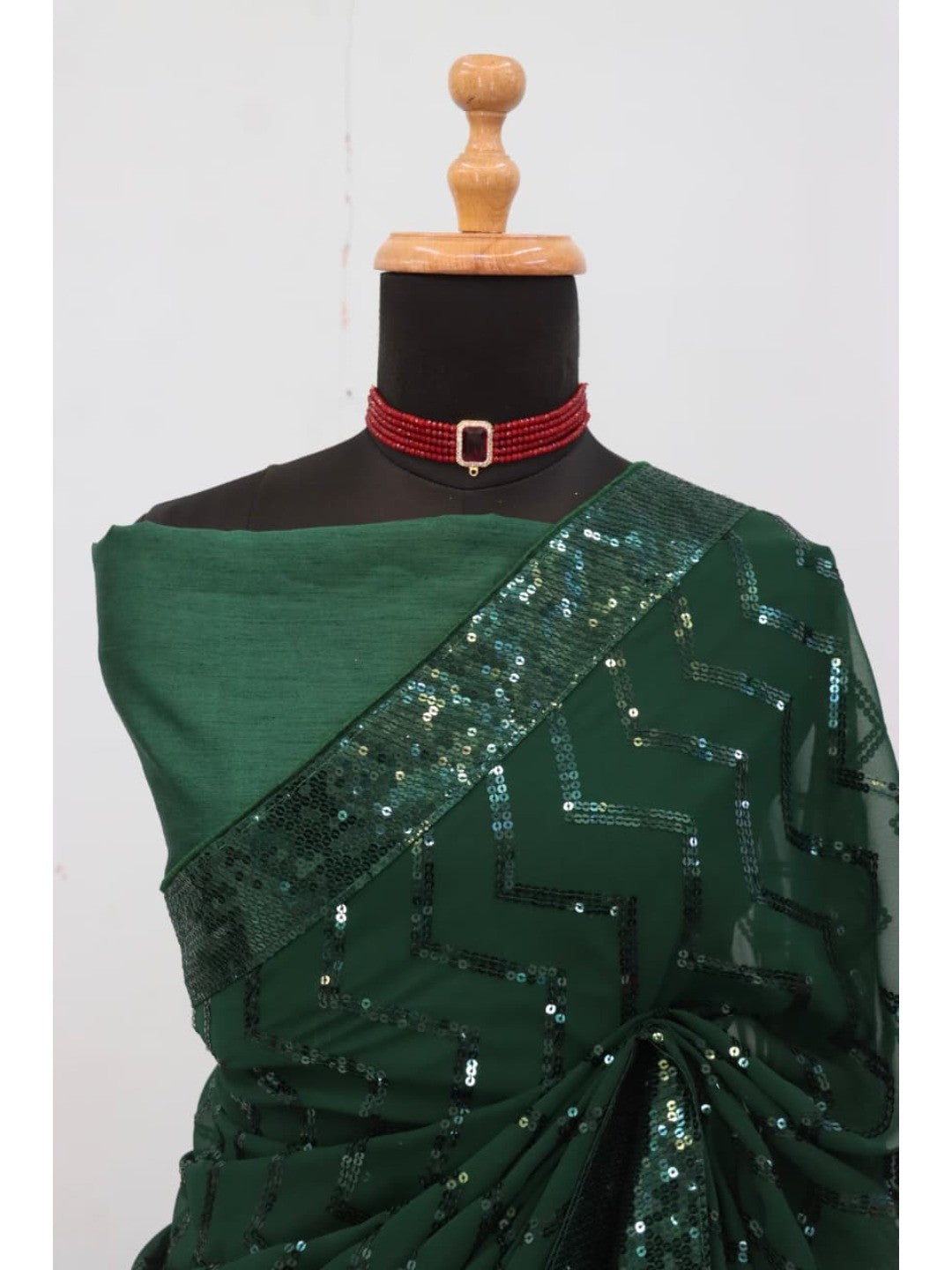 Elegant Bottle Green Georgette Silk Saree with Sequin Embellishments - Image 8