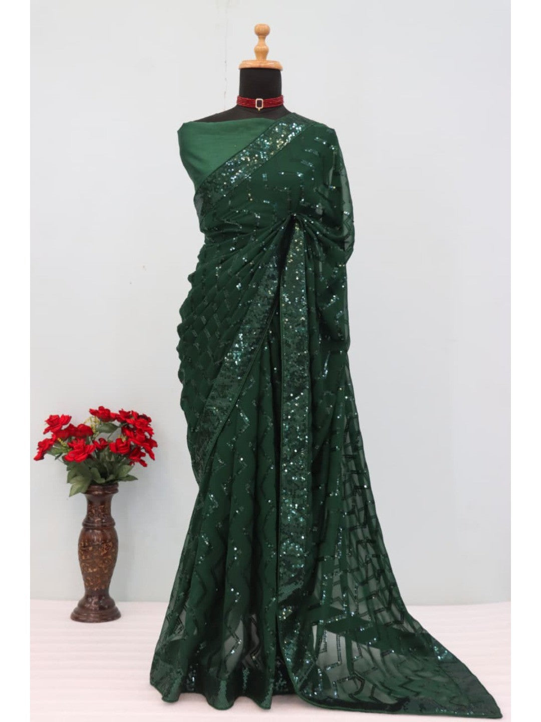 Elegant Bottle Green Georgette Silk Saree with Sequin Embellishments - Image 9