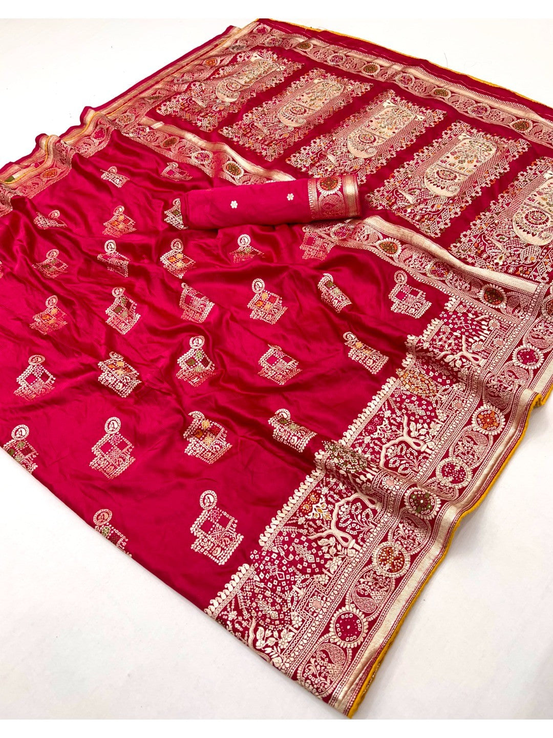 Classic Pink Satin Saree Enhanced By Fine Weaving Craft & Sophisticated Stone Work - Image 3