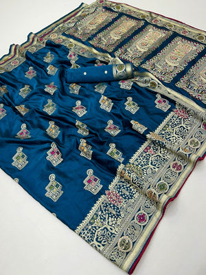 Classic Blue Satin Saree Enhanced By Fine Weaving Craft & Sophisticated Stone Work - Image 2