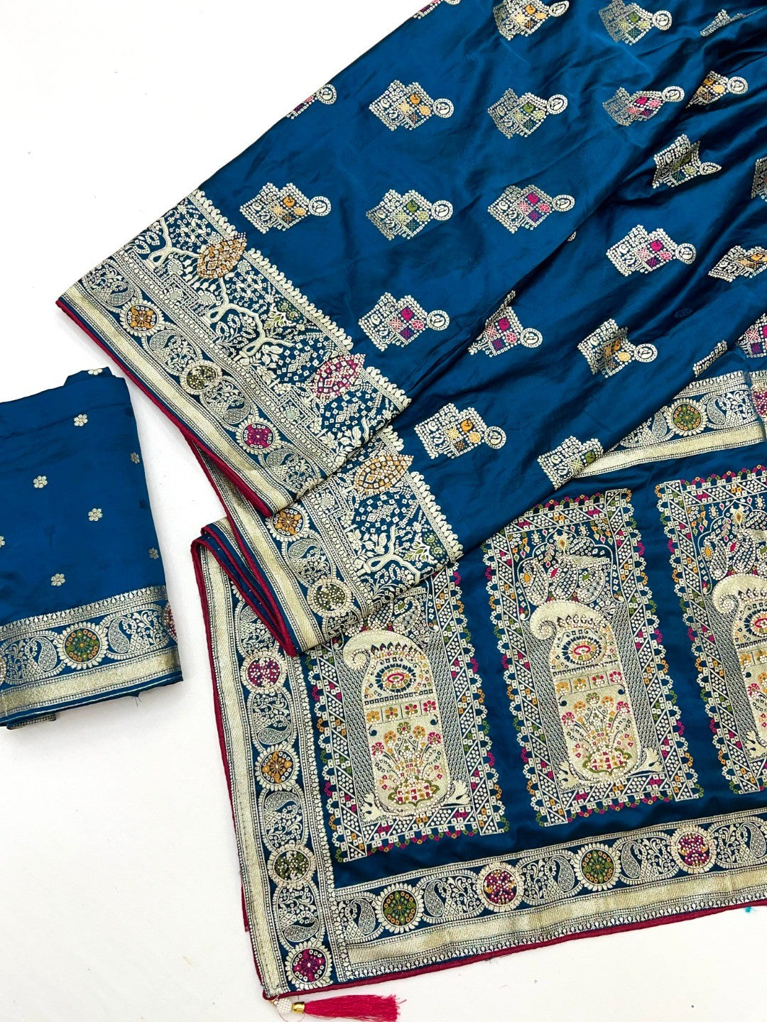 Classic Blue Satin Saree Enhanced By Fine Weaving Craft & Sophisticated Stone Work - Image 3