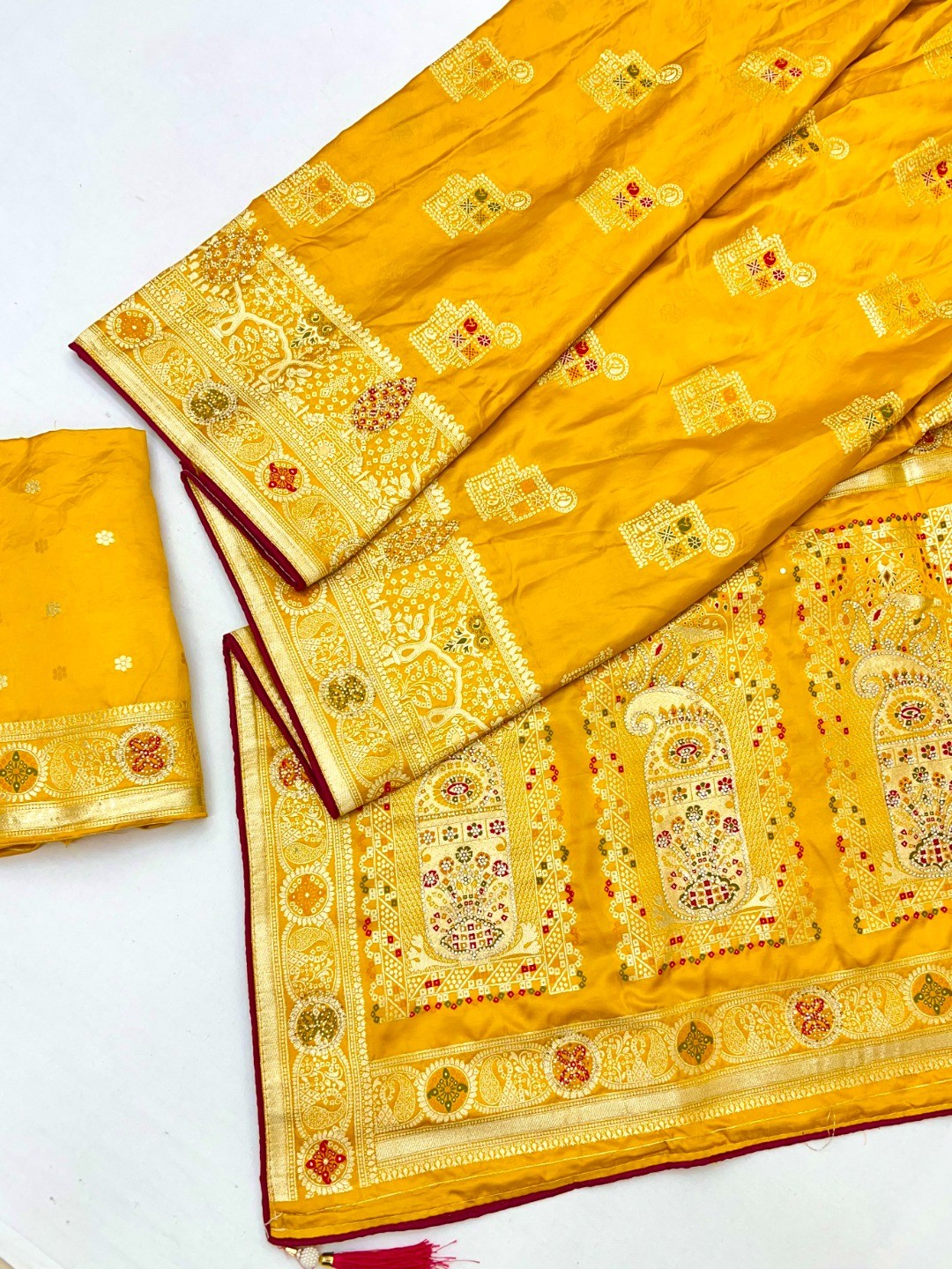 Classic Mustard Satin Saree Enhanced By Fine Weaving Craft & Sophisticated Stone Work - Image 3
