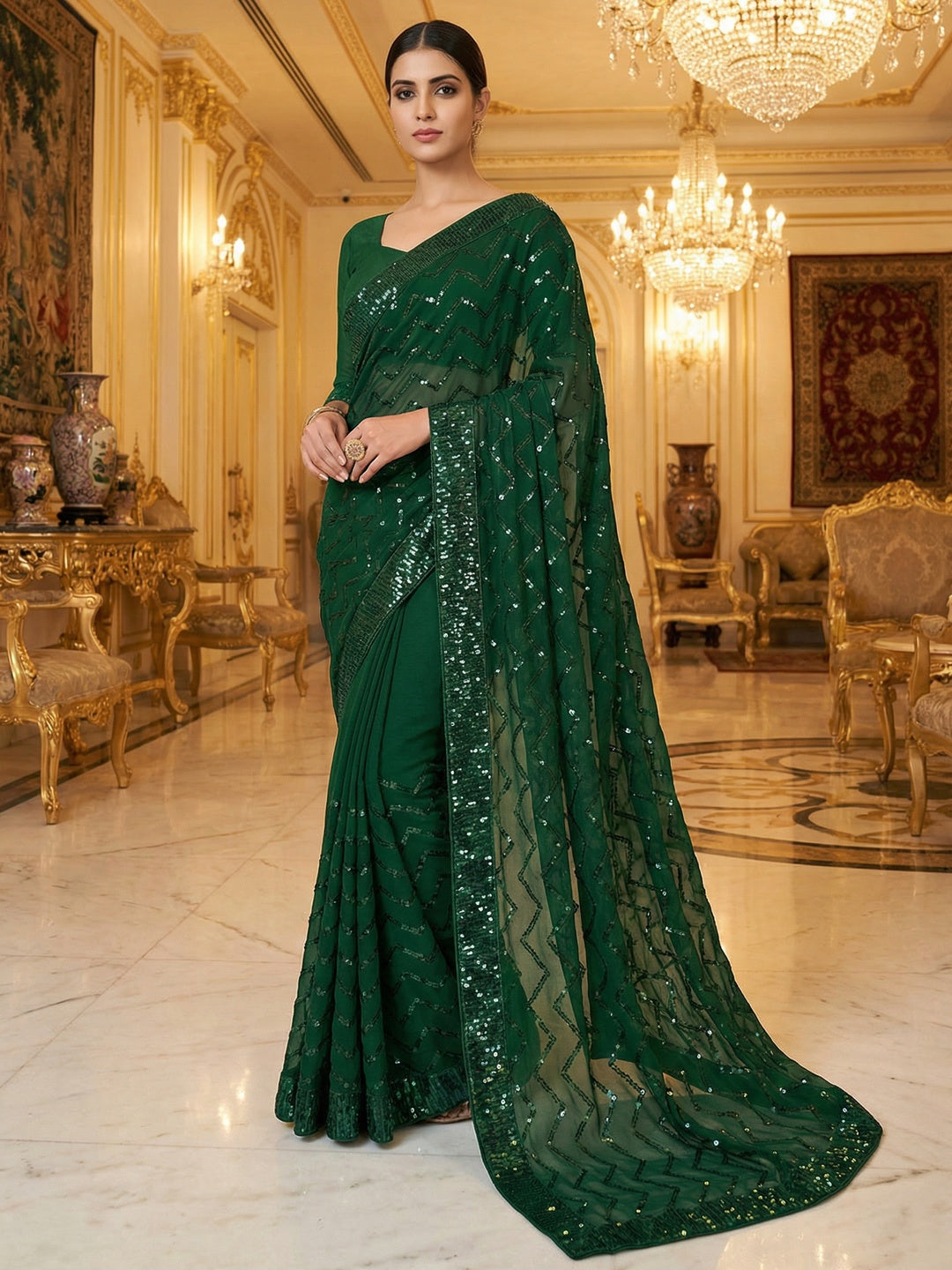 Elegant Bottle Green Georgette Silk Saree with Sequin Embellishments - Image 1