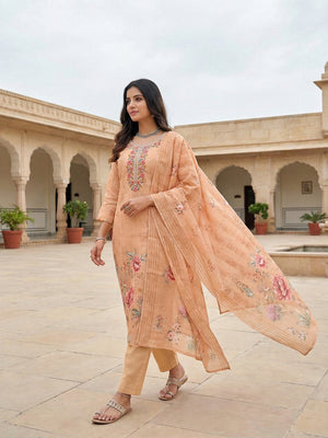Peach Embroidered Linen Straight Fit Salwar Suit with Floral Print - Image 2