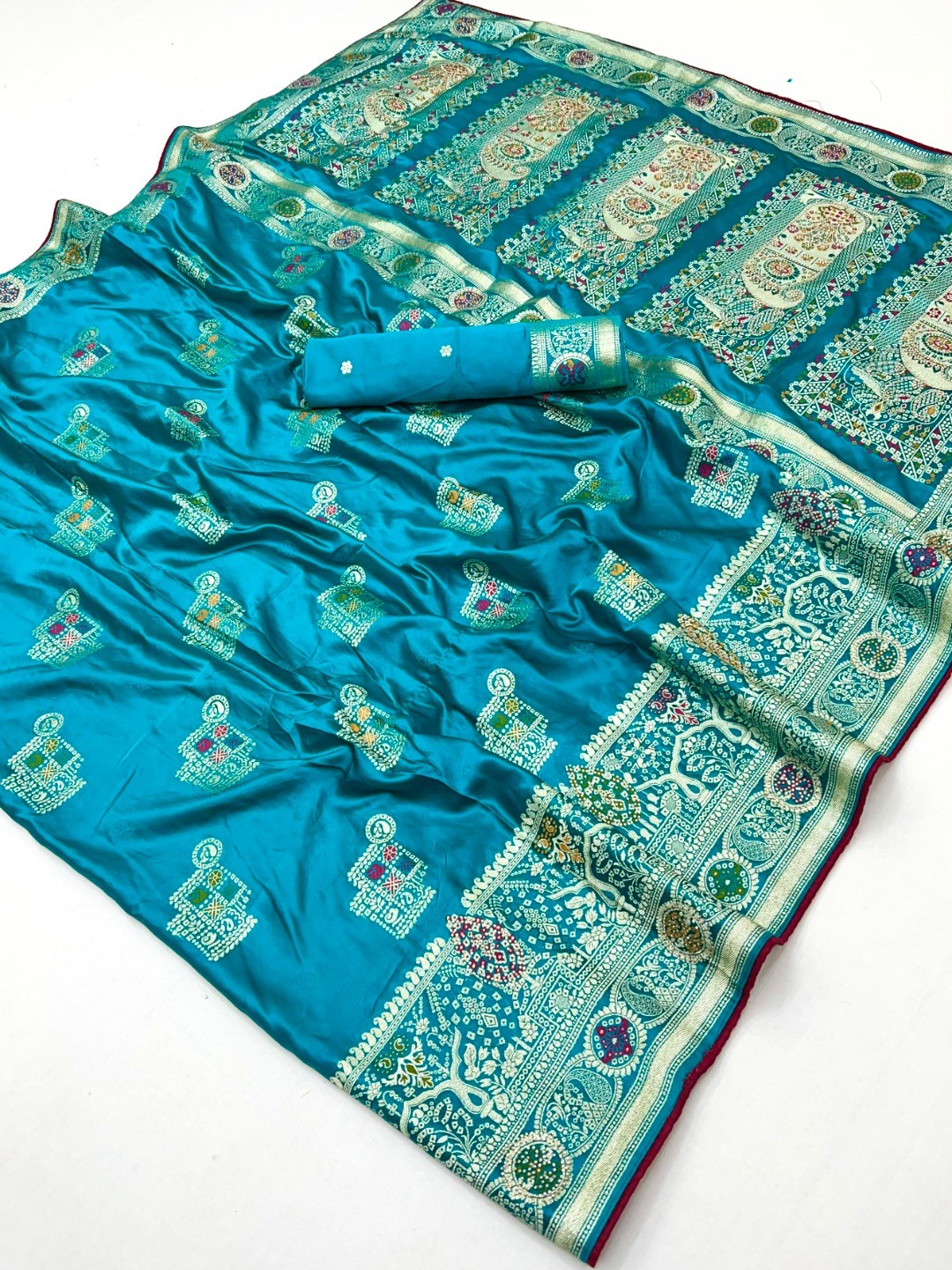 Classic Peacock Blue Satin Saree Enhanced By Fine Weaving Craft & Sophisticated Stone Work - Image 3
