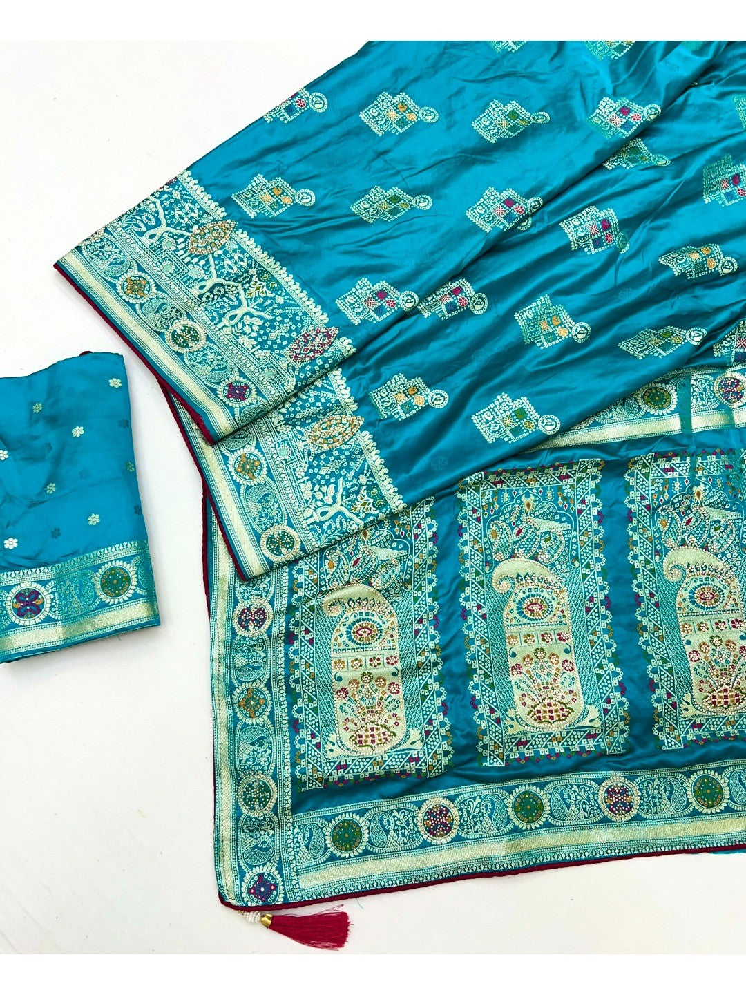 Classic Peacock Blue Satin Saree Enhanced By Fine Weaving Craft & Sophisticated Stone Work - Image 2