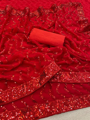 Elegant Red Georgette Silk Saree with Sequin Embellishments - Image 2