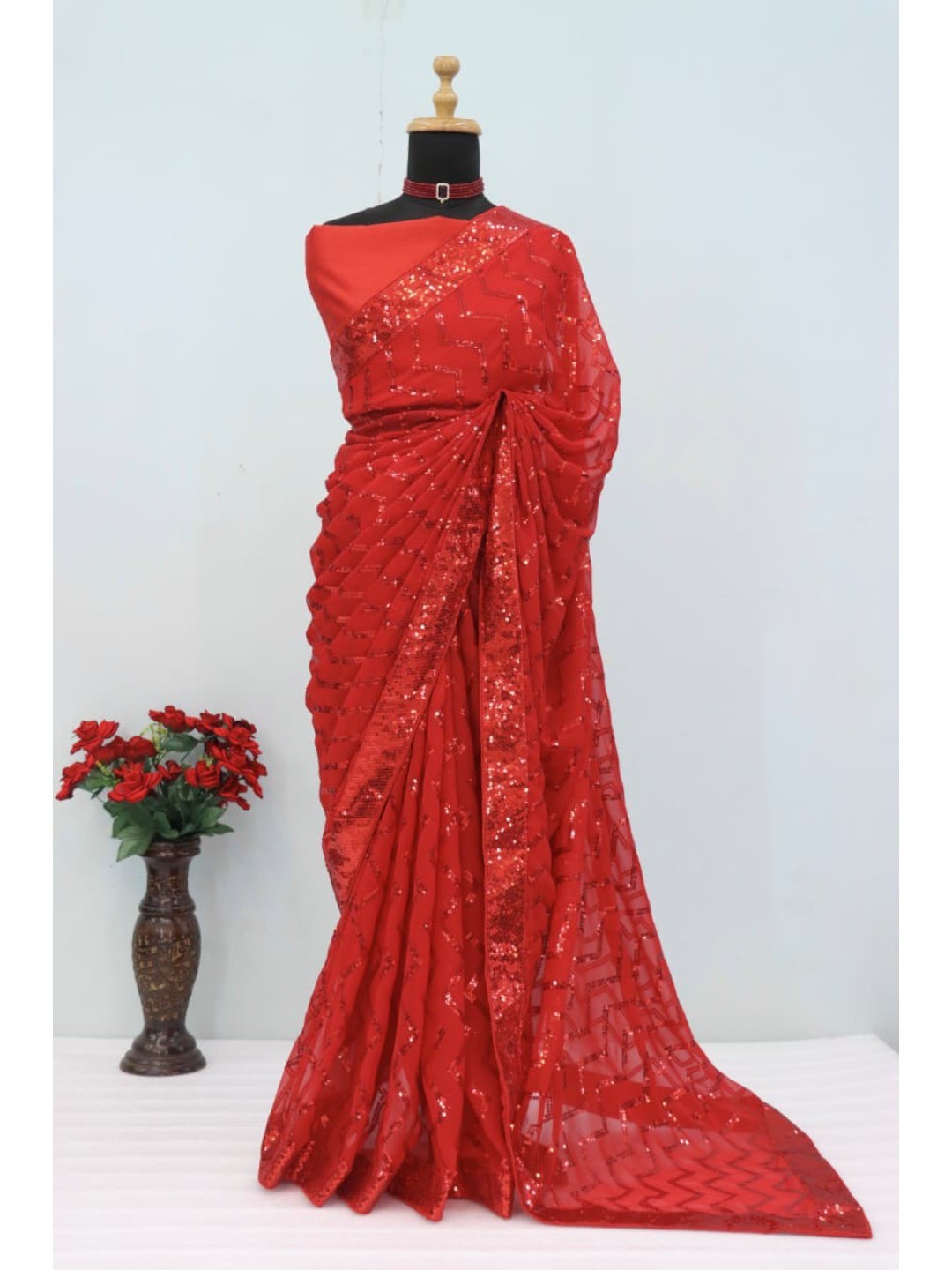 Elegant Red Georgette Silk Saree with Sequin Embellishments - Image 9