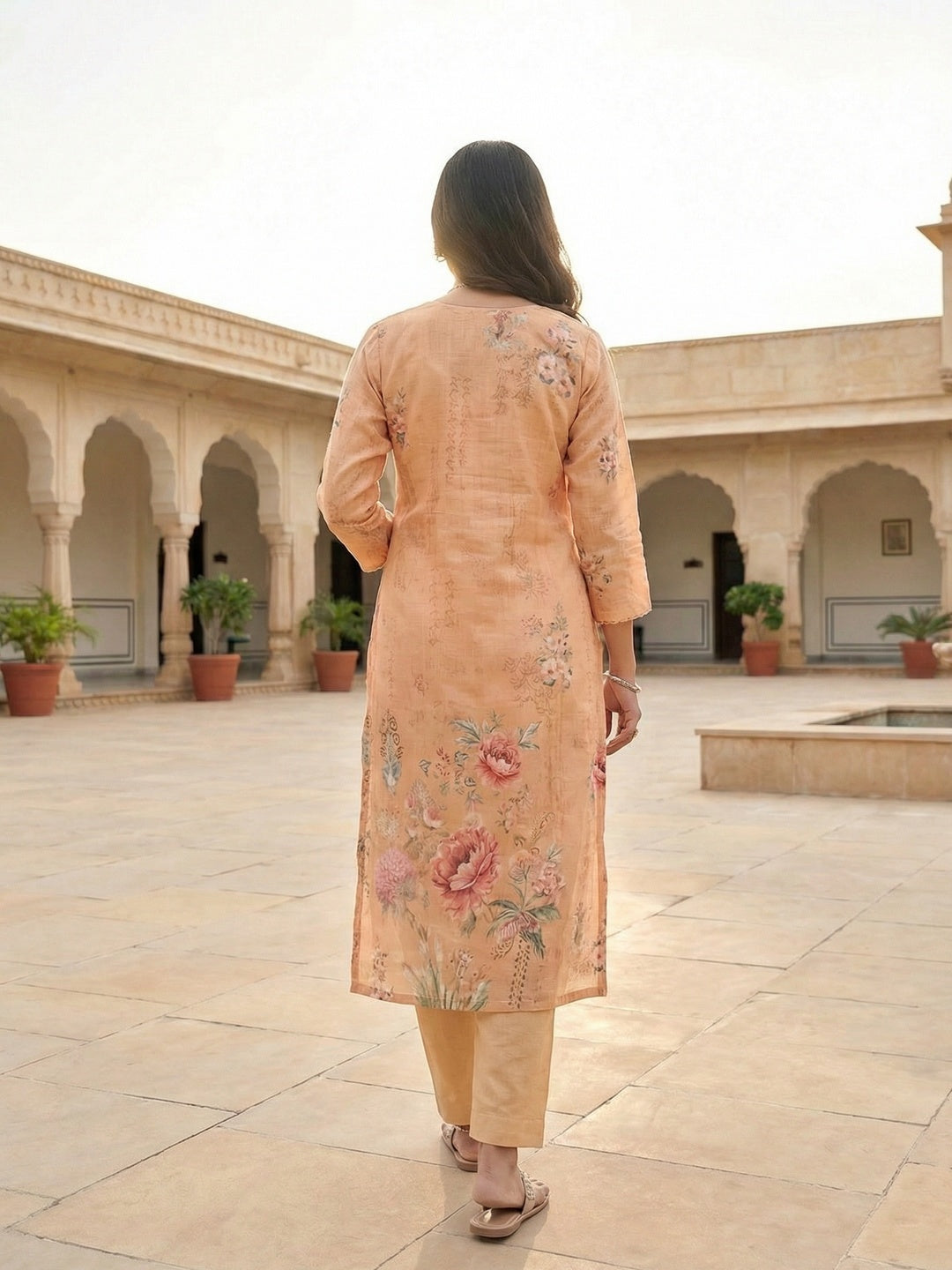 Peach Embroidered Linen Straight Fit Salwar Suit with Floral Print - Image 4