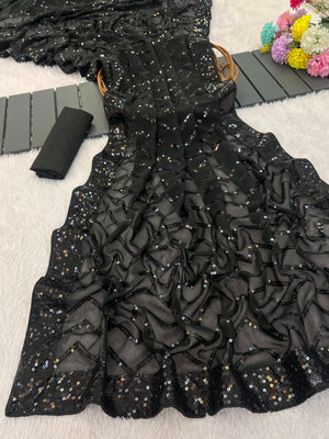 Elegant Black Georgette Silk Saree with Sequin Embellishments - Image 2