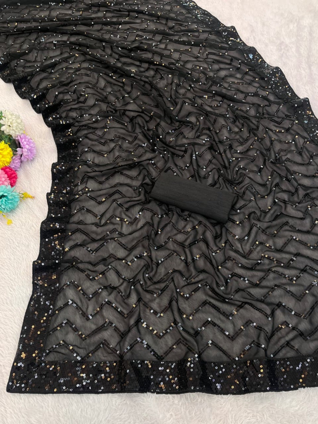 Elegant Black Georgette Silk Saree with Sequin Embellishments - Image 2